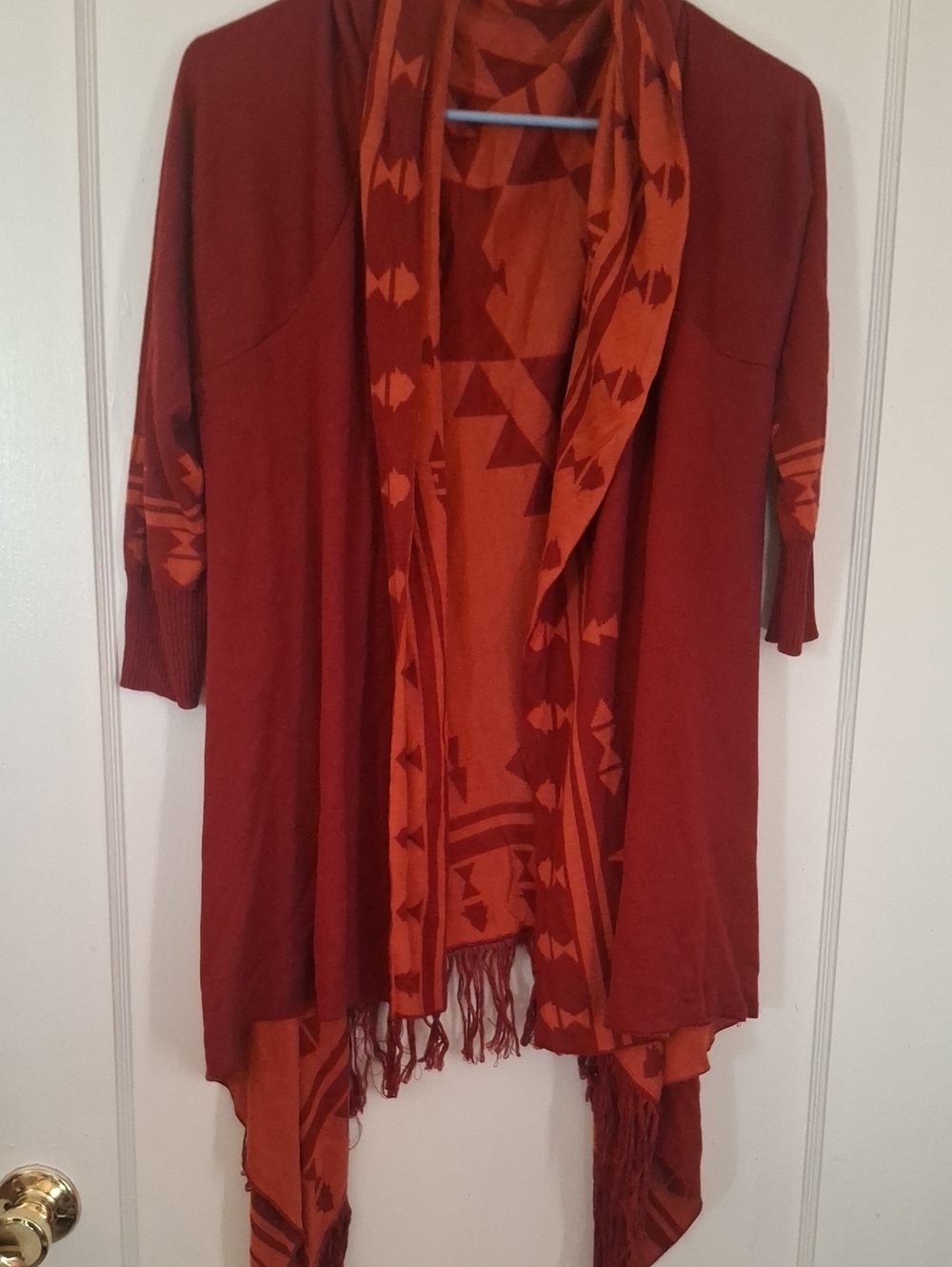 Open-Front Rust and Orange Fringe Cardigan